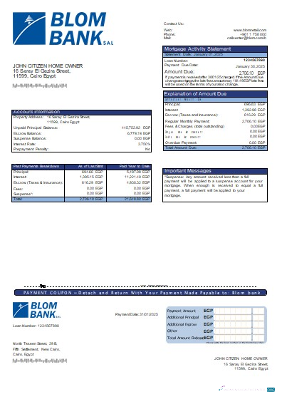 Download Egypt Blom Bank of Egypt bank mortgage statement scr Photoshop template